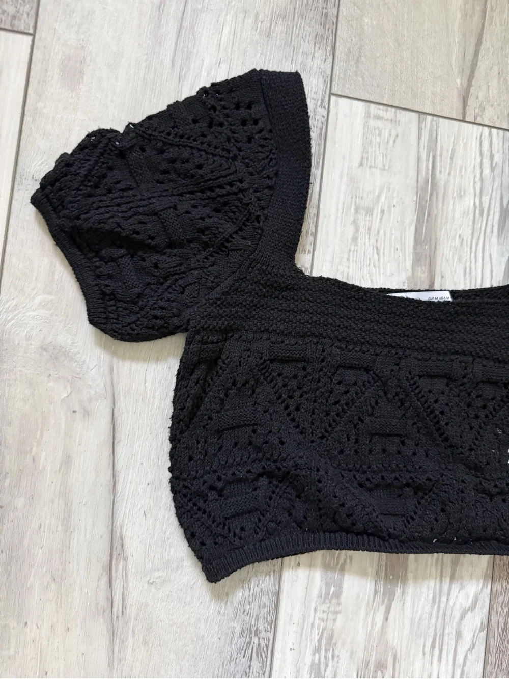 Zara Black Crochet Puff-Sleeve Square Neck Neutral Crop top size medium